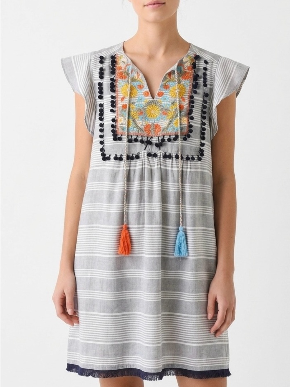THML "Just Because" Striped Embroidered Shift Dress L Boho Chic Coastal Boho